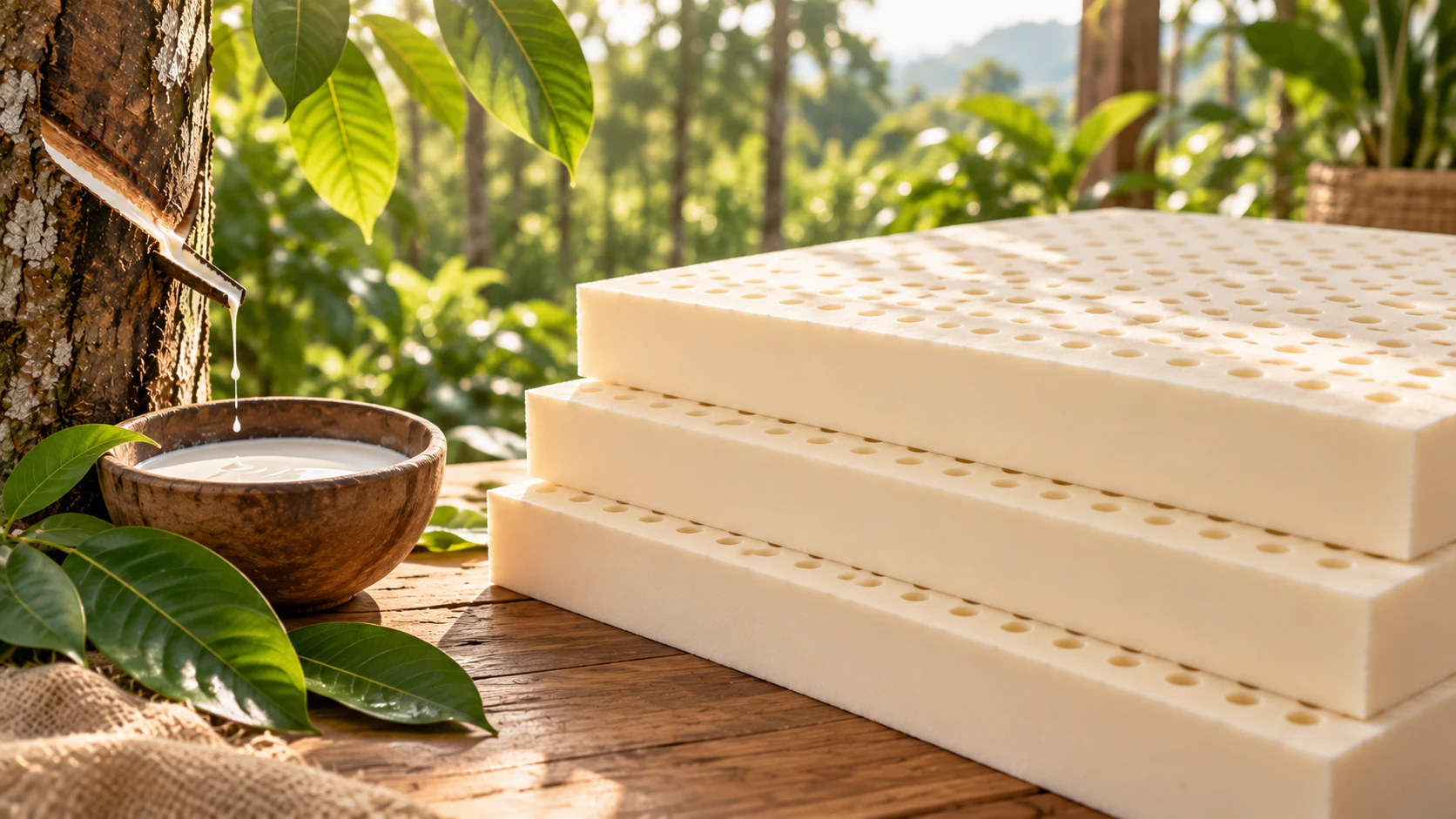 Natural latex sap being tapped from a rubber tree into a bowl, with stacked natural latex blocks resting on a wooden table