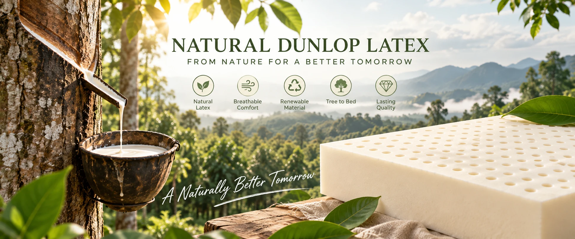 Natural Dunlop latex banner: sap tapped from a rubber tree, a natural latex mattress corner with pinholes, and icons for natural latex, breathable comfort, renewable material, tree to bed, and lasting quality