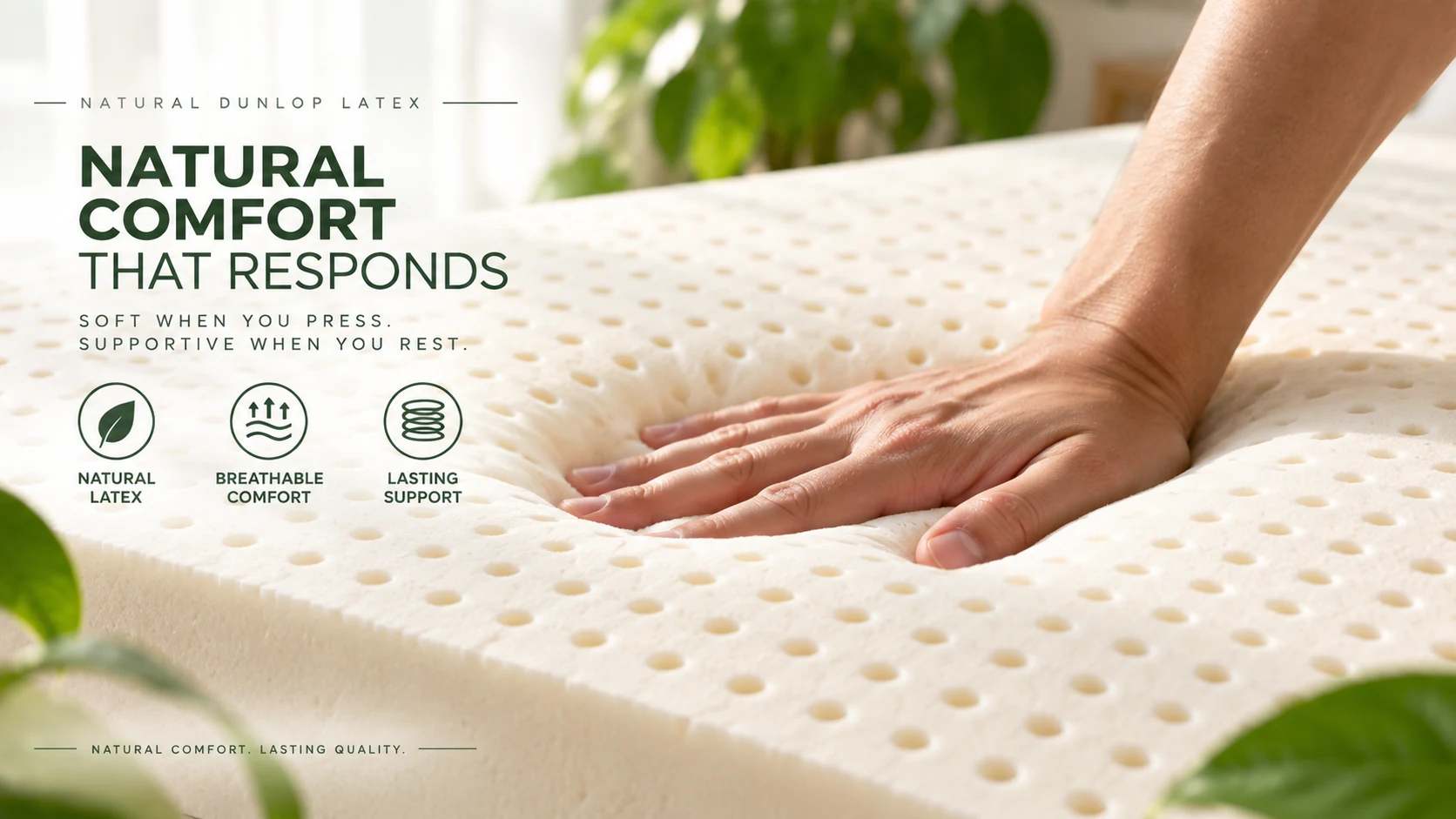 Hand pressing into a natural latex topper, showing the material's responsive texture