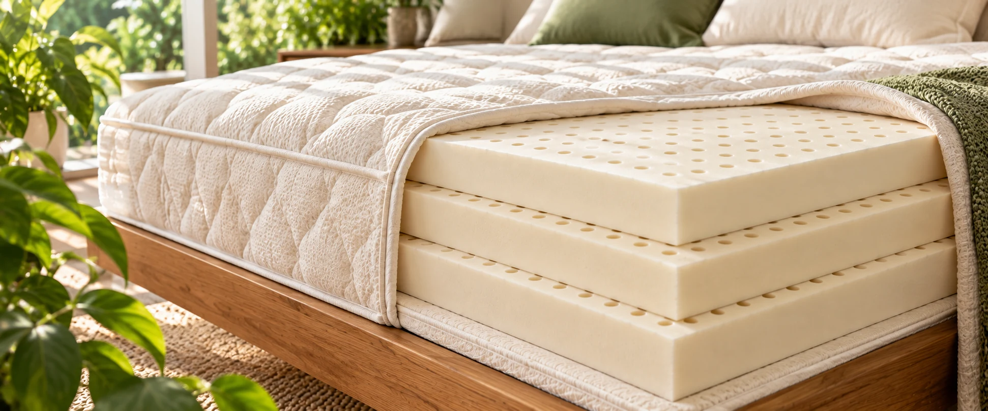 Mattress cutaway showing the cover peeled back to reveal three natural latex layers underneath