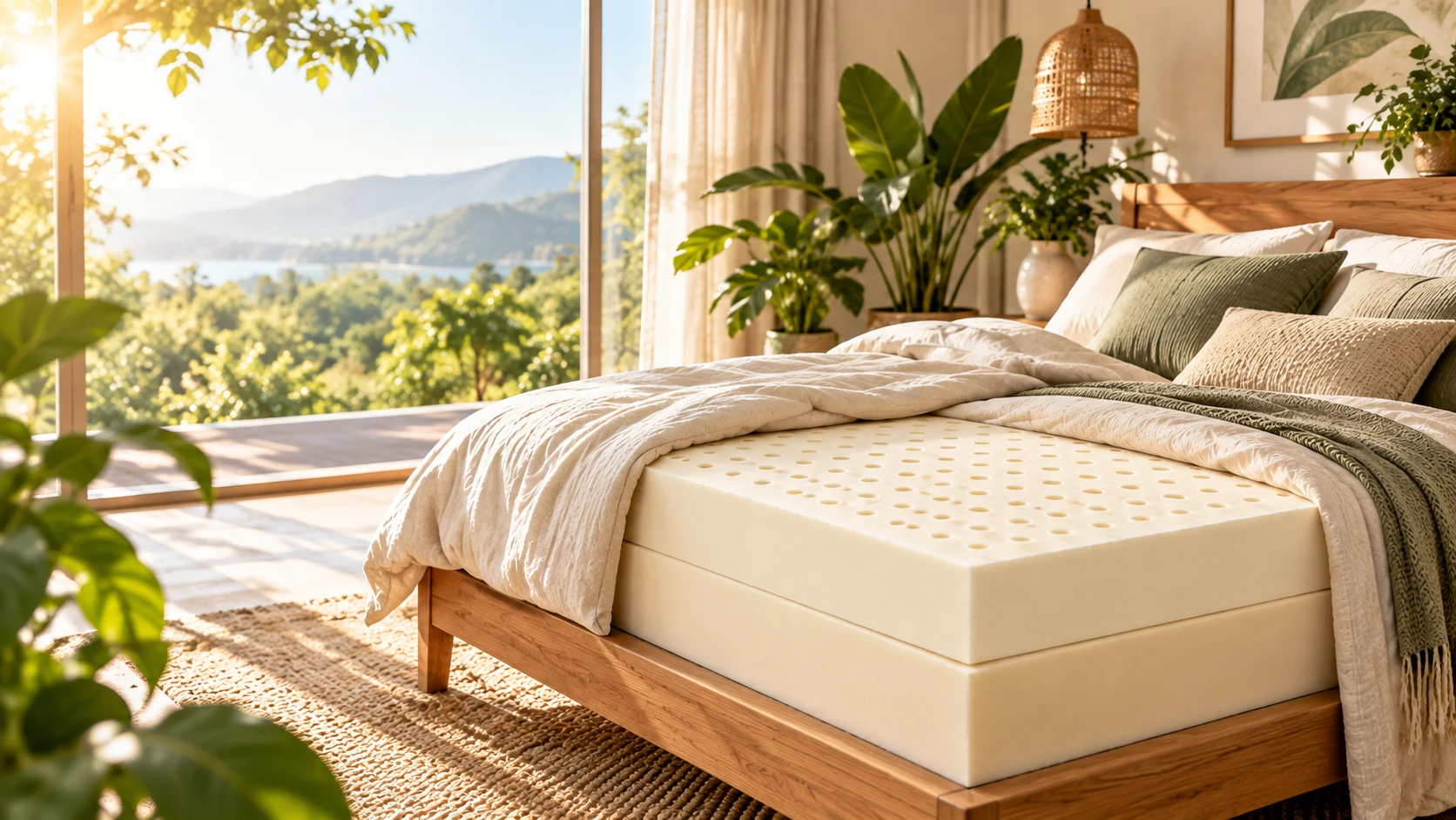 Bright, calm bedroom with a natural latex mattress, soft white and green bedding, and plants in natural light